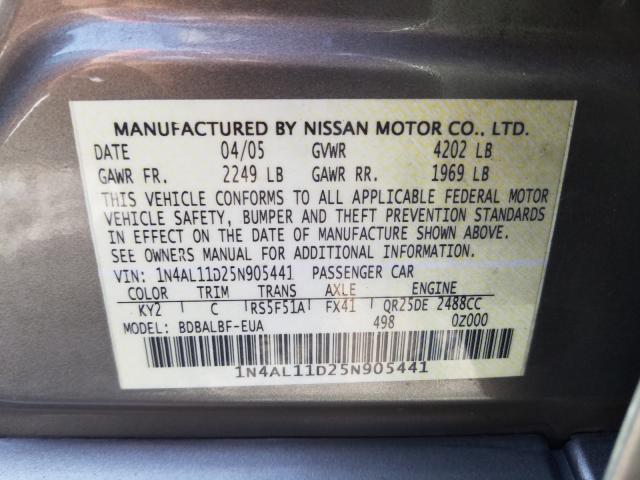 Photo 10 from auction – 2005 NISSAN ALTIMA S with VIN 1N4AL11D25N905441