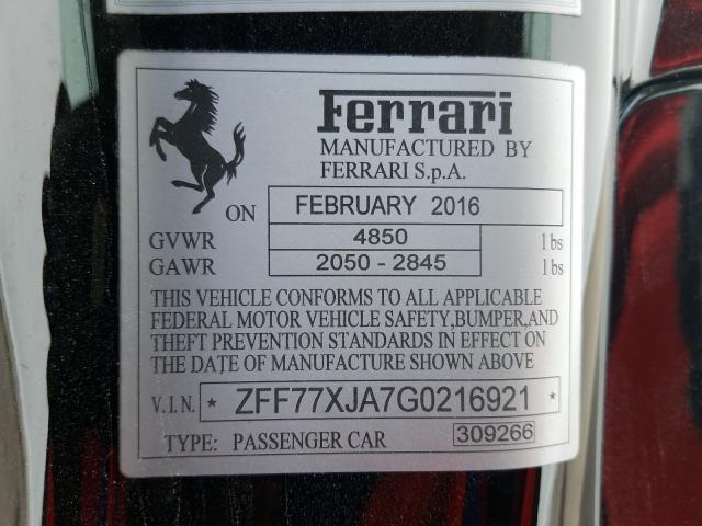 Photo 10 from auction – 2016 FERRARI CALIFORNIA with VIN ZFF77XJA7G0216921