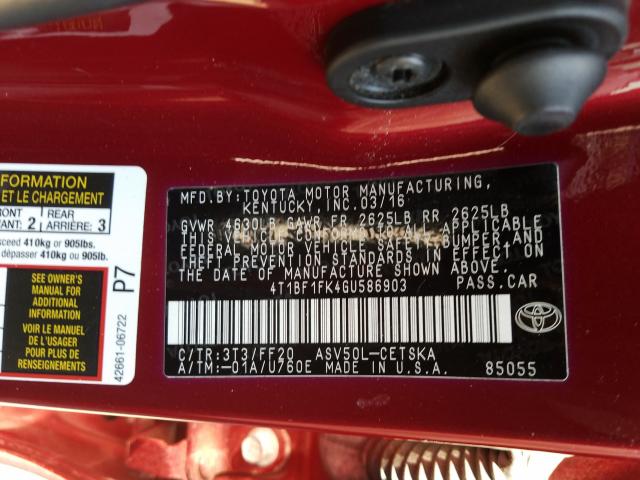 Photo 10 from auction – 2016 TOYOTA CAMRY LE with VIN 4T1BF1FK4GU586903