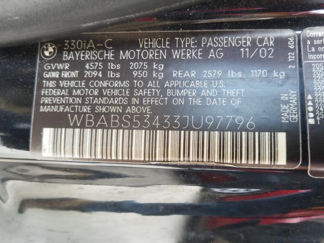 Photo 10 from auction – 2003 BMW 330 CI with VIN WBABS53433JU97796