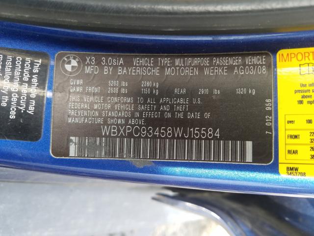 Photo 10 from auction – 2008 BMW X3 3.0SI with VIN WBXPC93458WJ15584
