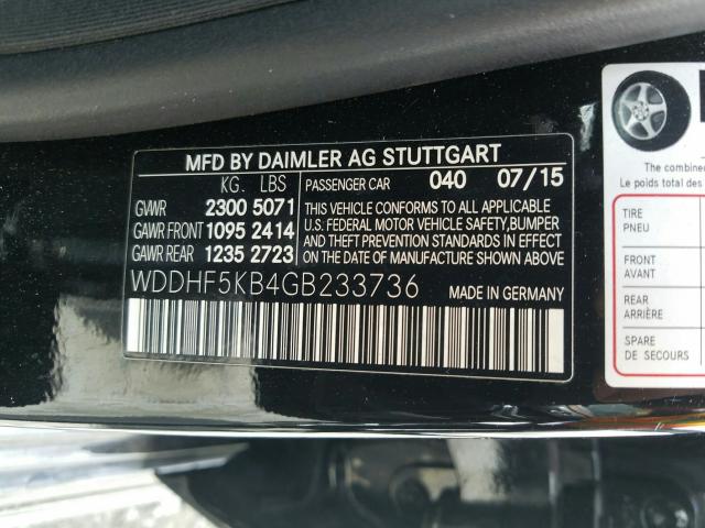 Photo 10 from auction – 2016 MERCEDES-BENZ E 350 with VIN WDDHF5KB4GB233736