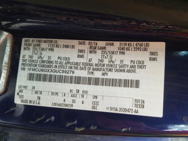 Photo 10 from auction – 2016 FORD ESCAPE SE with VIN 1FMCU9GX3GUC59279