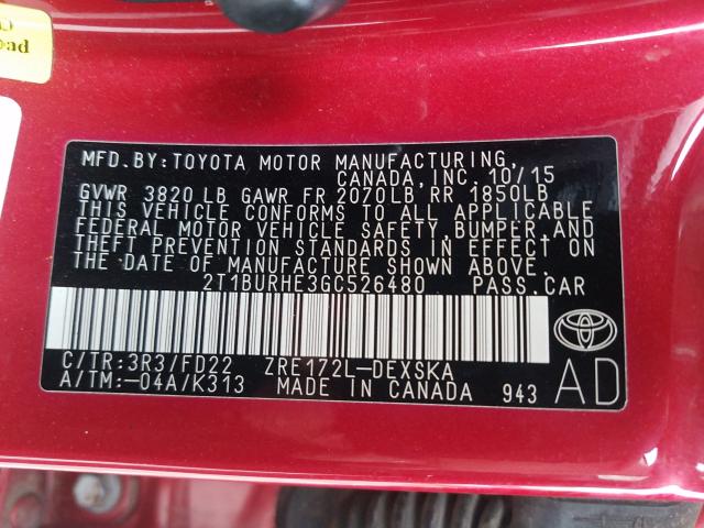 Photo 10 from auction – 2016 TOYOTA COROLLA L with VIN 2T1BURHE3GC526480
