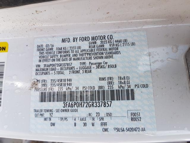 Photo 10 from auction – 2016 FORD FUSION SE with VIN 3FA6P0H72GR337857