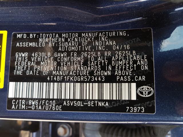 Photo 10 from auction – 2016 TOYOTA CAMRY LE with VIN 4T4BF1FK0GR573443