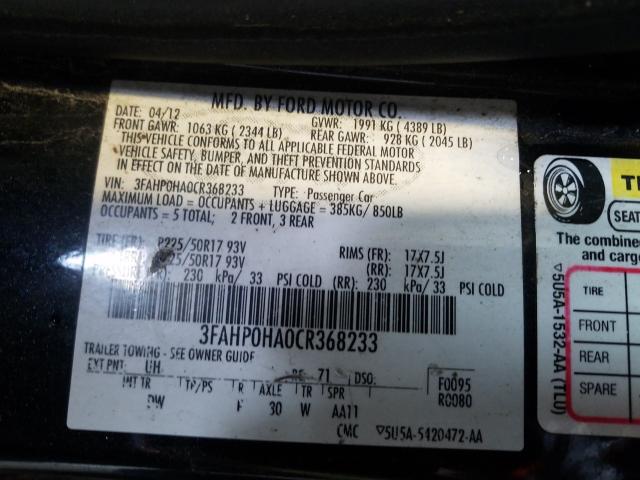Photo 10 from auction – 2012 FORD FUSION SE with VIN 3FAHP0HA0CR368233