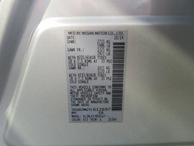 Photo 10 from auction – 2015 NISSAN PATHFINDER with VIN 5N1AR2MN2FC612697