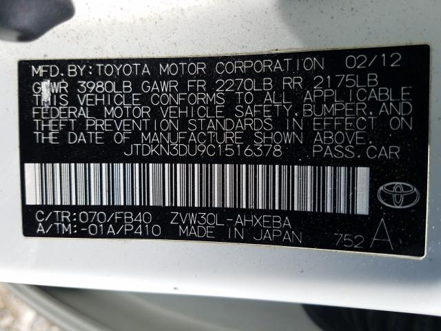 Photo 10 from auction – 2012 TOYOTA PRIUS with VIN JTDKN3DU9C1516378