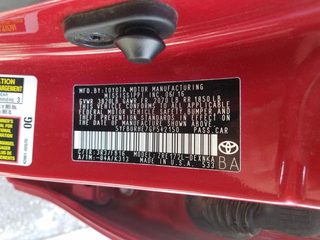 Photo 10 from auction – 2016 TOYOTA COROLLA L with VIN 5YFBURHE7GP542150