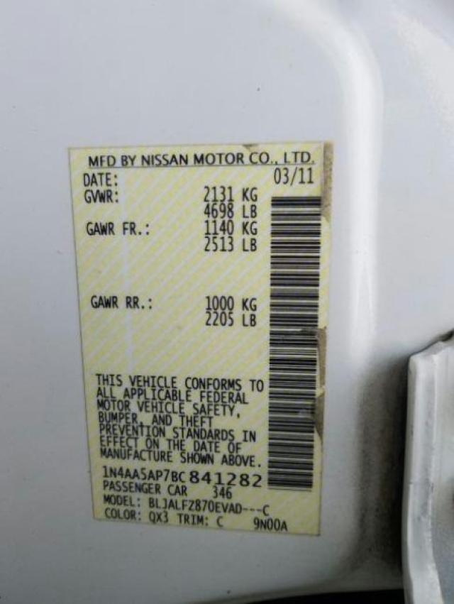 Photo 10 from auction – 2011 NISSAN MAXIMA S with VIN 1N4AA5AP7BC841282