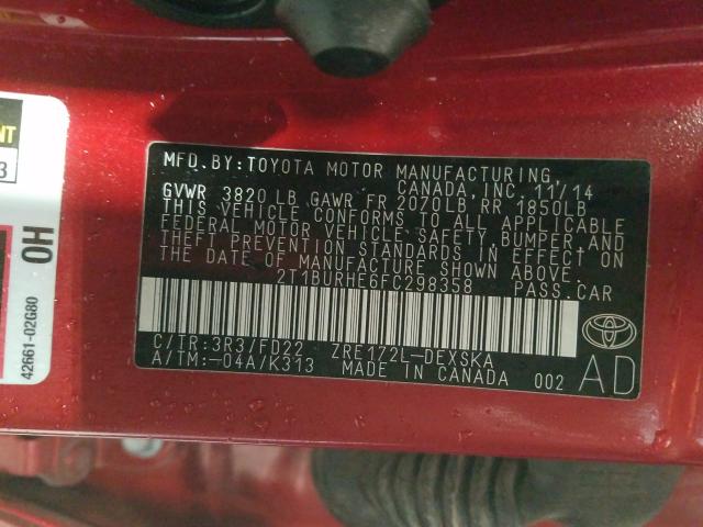 Photo 10 from auction – 2015 TOYOTA COROLLA with VIN 2T1BURHE6FC298358