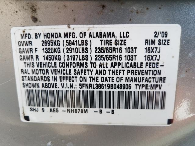 Photo 10 from auction – 2009 HONDA ODYSSEY EX with VIN 5FNRL38619B048906