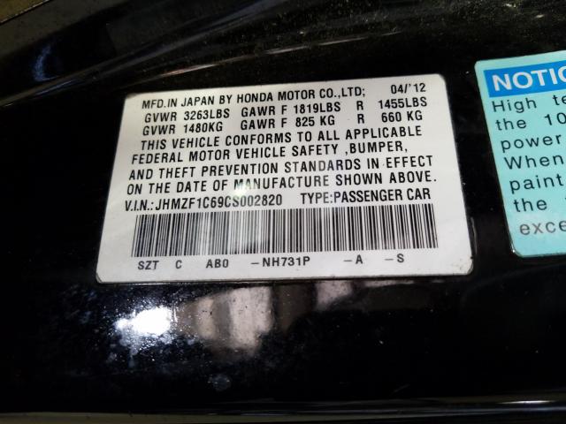 Photo 10 from auction – 2012 HONDA CR-Z EX with VIN JHMZF1C69CS002820