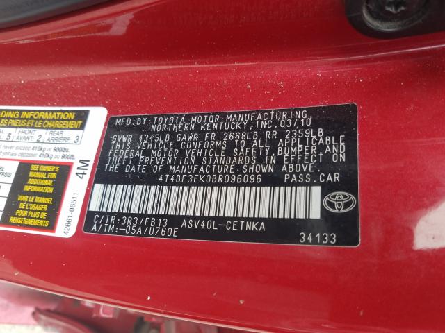 Photo 10 from auction – 2011 TOYOTA CAMRY BASE with VIN 4T4BF3EK0BR096096