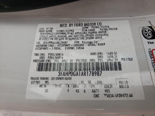 Photo 10 from auction – 2010 FORD FUSION S with VIN 3FAHP0GA1AR178987