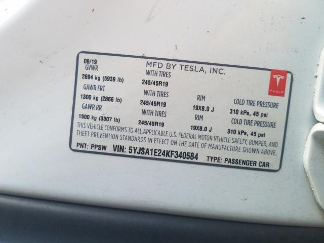 Photo 10 from auction – 2019 TESLA MODEL S with VIN 5YJSA1E24KF340584