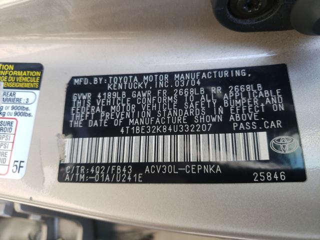 Photo 10 from auction – 2004 TOYOTA CAMRY LE with VIN 4T1BE32K84U332207