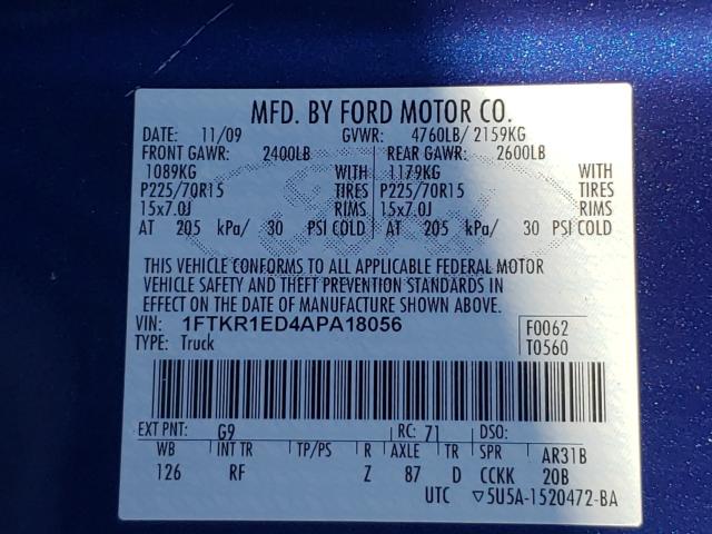 Photo 10 from auction – 2010 FORD RANGER SUP with VIN 1FTKR1ED4APA18056