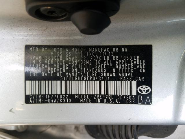 Photo 10 from auction – 2014 TOYOTA COROLLA L with VIN 5YFBURHE8EP043404