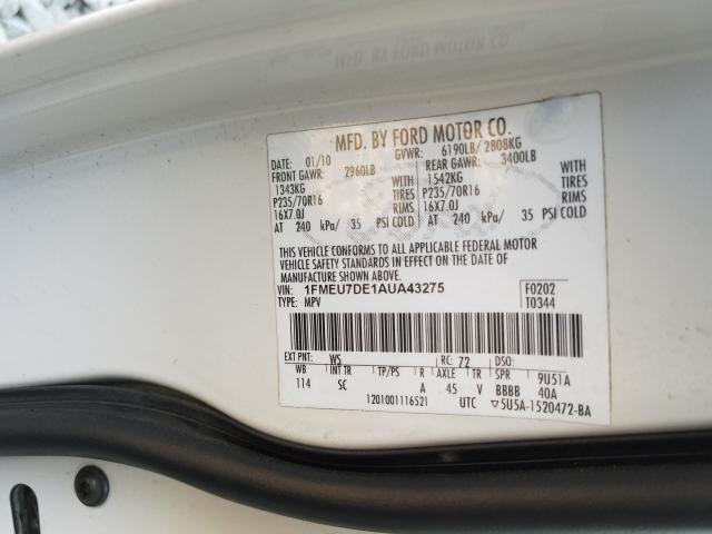Foto 10 de la subasta – 2010 FORD EXPLORER X con VIN 1FMEU7DE1AUA43275