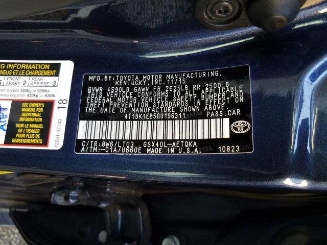 Photo 10 from auction – 2016 TOYOTA AVALON XLE with VIN 4T1BK1EB5GU196311