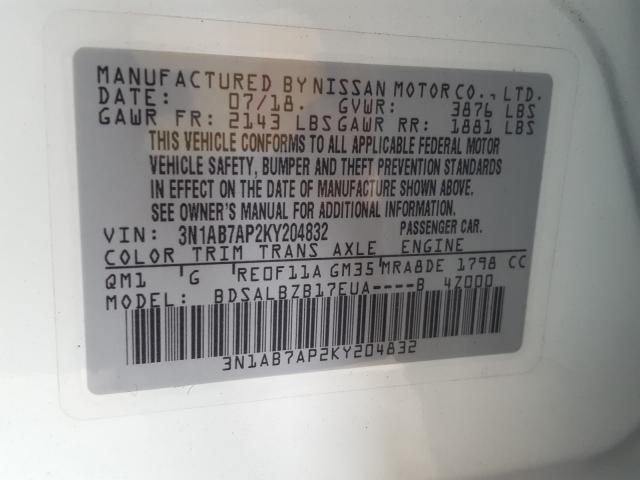 Photo 10 from auction – 2019 NISSAN SENTRA S with VIN 3N1AB7AP2KY204832
