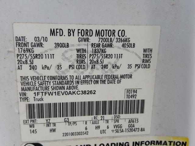 Photo 10 from auction – 2010 FORD F150 SUPER with VIN 1FTFW1EV0AKC38262