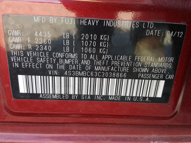 Photo 10 from auction – 2012 SUBARU LEGACY 2.5 with VIN 4S3BMBC63C3038866