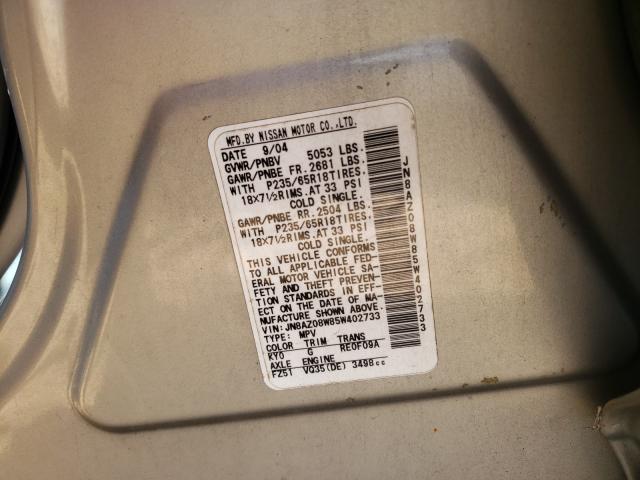 Photo 10 from auction – 2005 NISSAN MURANO SL with VIN JN8AZ08W85W402733