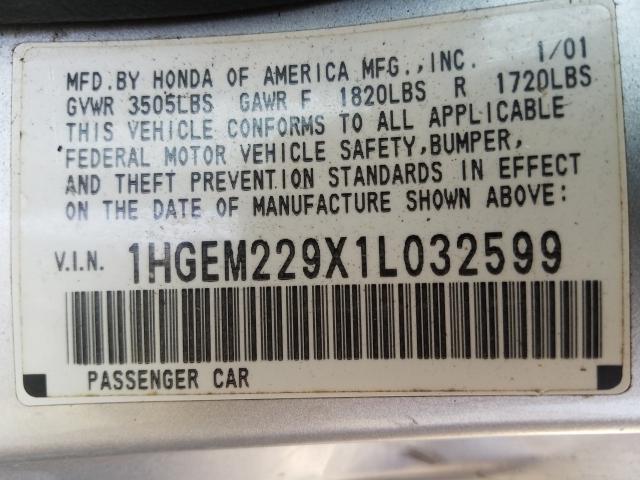 Photo 10 from auction – 2001 HONDA CIVIC SI with VIN 1HGEM229X1L032599