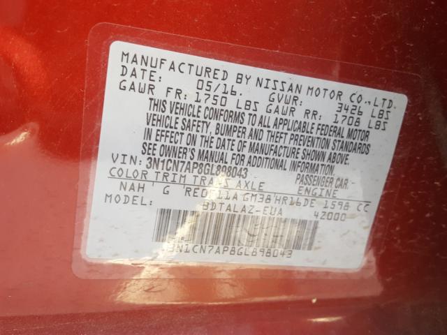 Photo 10 from auction – 2016 NISSAN VERSA S with VIN 3N1CN7AP8GL898043