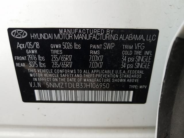 Photo 10 from auction – 2018 HYUNDAI SANTA FE with VIN 5NMZTDLB3JH106950