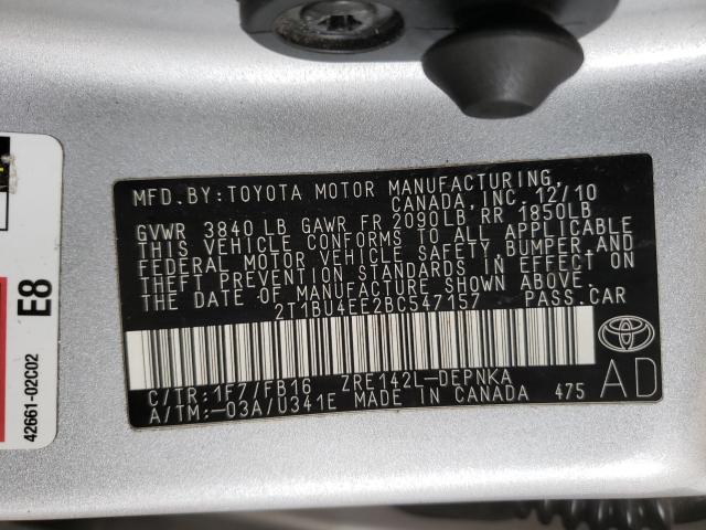Photo 10 from auction – 2011 TOYOTA COROLLA BA with VIN 2T1BU4EE2BC547157