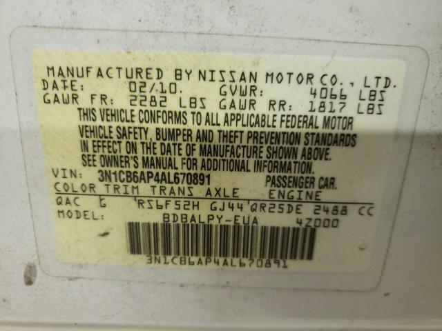 Photo 10 from auction – 2010 NISSAN SENTRA with VIN 3N1CB6AP4AL670891