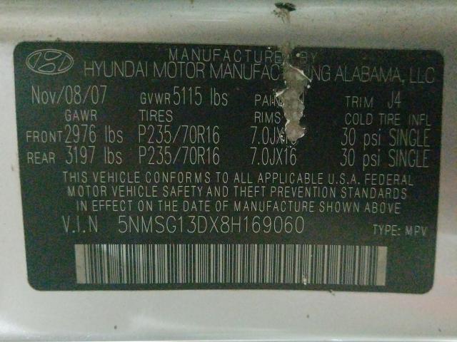 Photo 10 from auction – 2008 HYUNDAI SANTA FE G with VIN 5NMSG13DX8H169060