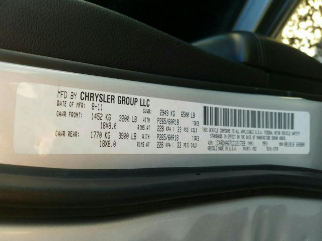Photo 10 from auction – 2012 DODGE DURANGO SX with VIN 1C4RDHAG7CC121729