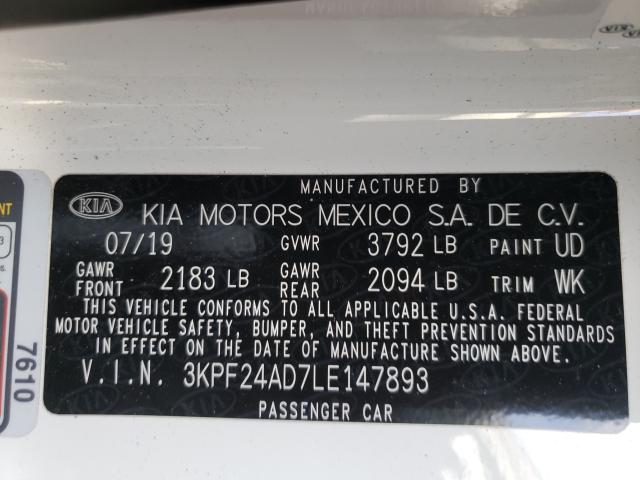 Photo 10 from auction – 2020 KIA FORTE FE with VIN 3KPF24AD7LE147893