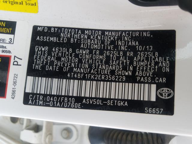 Photo 10 from auction – 2014 TOYOTA CAMRY XLE with VIN 4T4BF1FK2ER356229