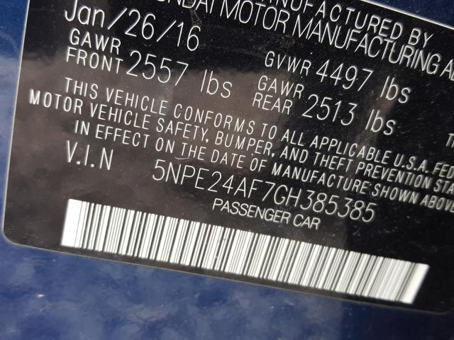 Photo 10 from auction – 2016 HYUNDAI SONATA SE with VIN 5NPE24AF7GH385385