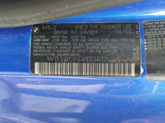 Photo 10 from auction – 2002 BMW M3 with VIN WBSBL93432JR17040