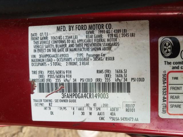 Photo 10 from auction – 2012 FORD FUSION S with VIN 3FAHP0GA4CR149003