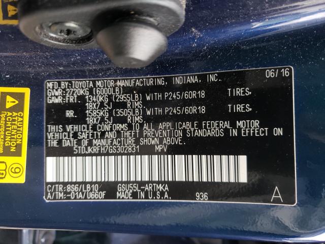 Photo 10 from auction – 2016 TOYOTA HIGHLANDER with VIN 5TDJKRFH7GS302831