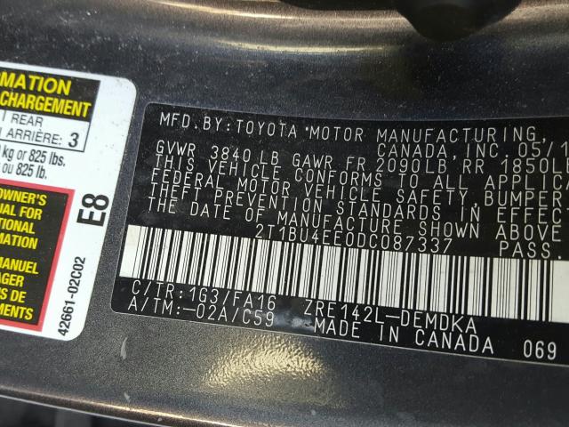 Photo 10 from auction – 2013 TOYOTA COROLLA BA with VIN 2T1BU4EE0DC087337