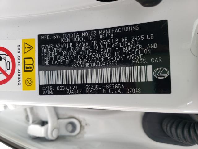 Photo 10 from auction – 2019 LEXUS ES 350 with VIN 58ABZ1B11KU043269