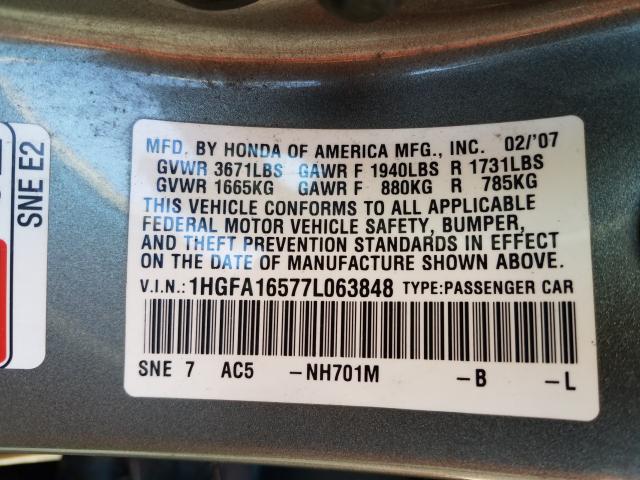 Photo 10 from auction – 2007 HONDA CIVIC LX with VIN 1HGFA16577L063848