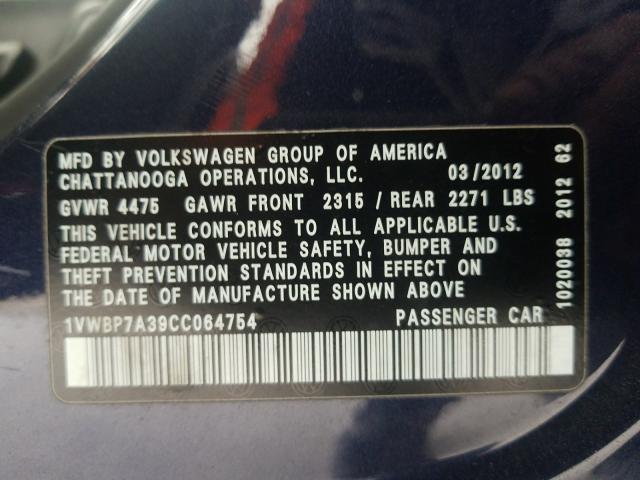 Photo 10 from auction – 2012 VOLKSWAGEN PASSAT SE with VIN 1VWBP7A39CC064754
