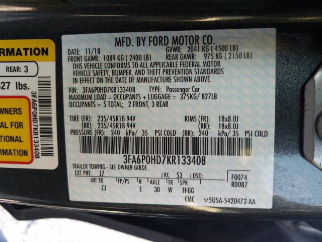 Photo 10 from auction – 2019 FORD FUSION SE with VIN 3FA6P0HD7KR133408