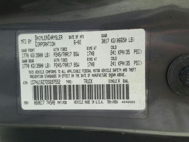 Photo 10 from auction – 2002 DODGE RAM 1500 with VIN 1D7HU18Z72S697552