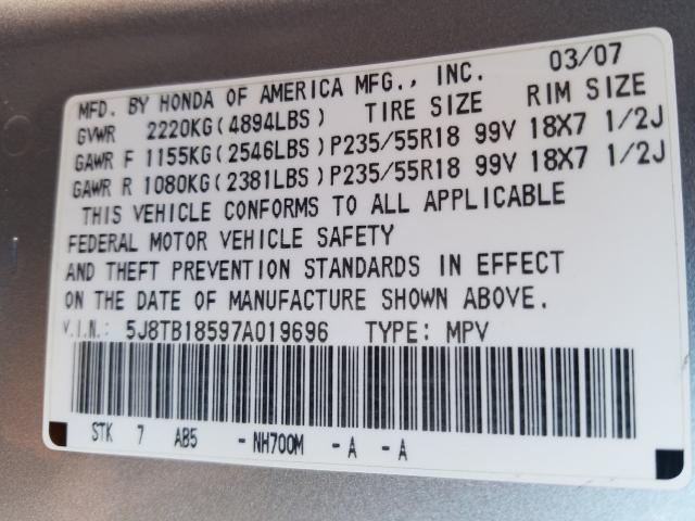 Photo 10 from auction – 2007 ACURA RDX TECHNO with VIN 5J8TB18597A019696